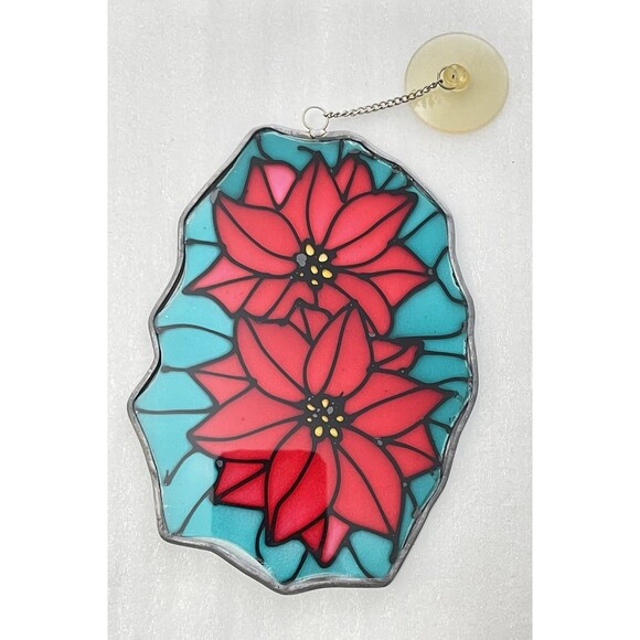 VTG 7" Stained Glass Sun Catcher – Red Poinsettia Holiday Window Decor - Picture 2 of 7